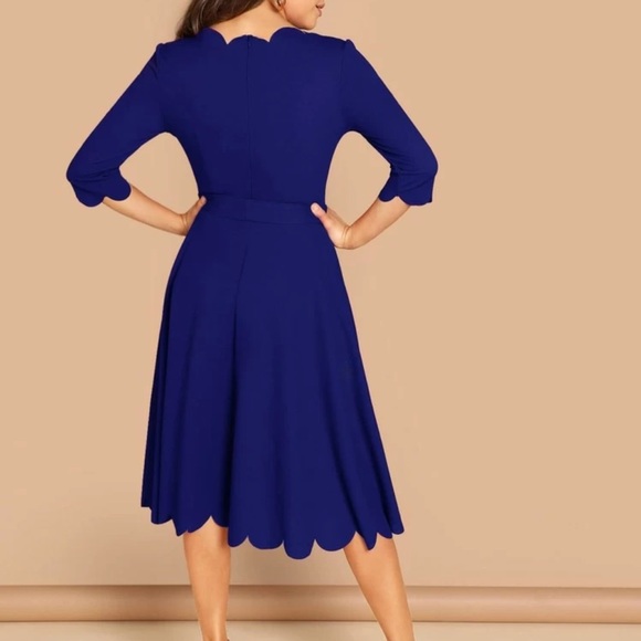 Scalloped midi dress quarter long sleeve belted - Picture 4 of 8